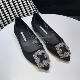 Manolo Blahnik Elegant Diamond Buckle Lace Shoes For Women Black