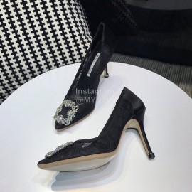 Manolo Blahnik Elegant Diamond Buckle Lace Shoes For Women Black