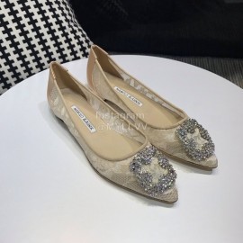 Manolo Blahnik Elegant Diamond Buckle Lace Shoes For Women Beige