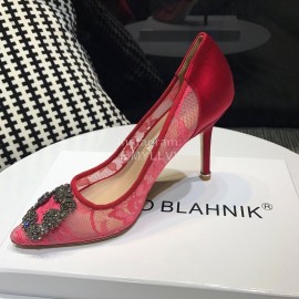 Manolo Blahnik Fashion Diamond Buckle Lace Shoes For Women Rose Red