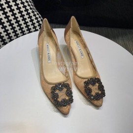 Manolo Blahnik Fashion Diamond Buckle Lace Shoes For Women Khaki