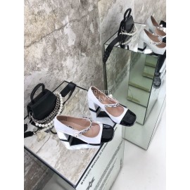 Miumiu Fashion Pearl Sheepskin Chain High Heels For Women White