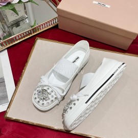 Miumiu Fashion Rhinestone Canvas Lace Up Shoes For Women White