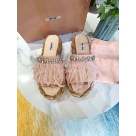 Miumiu Hemp Rope Thick Bottom Feather Slippers For Women Pink