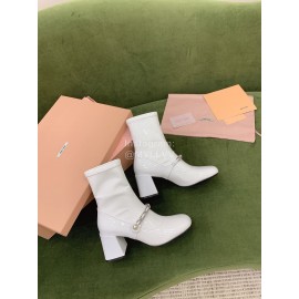 Miumiu New Sheepskin Pearl Thick High Heel Boots For Women White