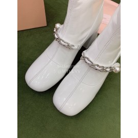 Miumiu New Sheepskin Pearl Thick High Heel Boots For Women White
