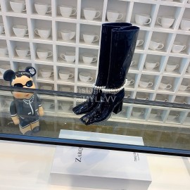 Nina Zarqua Black Leather Pearl Chain High Heeled Boots For Women