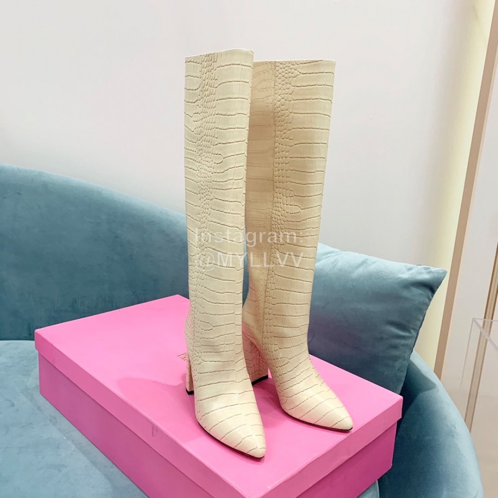 Paris Texas Crocodile Leather Thick High Heeled Long Boots For Women White