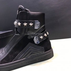 Plein Black Cowhide High Top Shoes For Men 