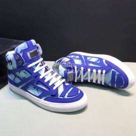 Plein  Camouflage Printing Leather High Top Sneakers For Men Blue