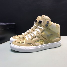 Plein  Camouflage Printing Leather High Top Sneakers For Men Khaki