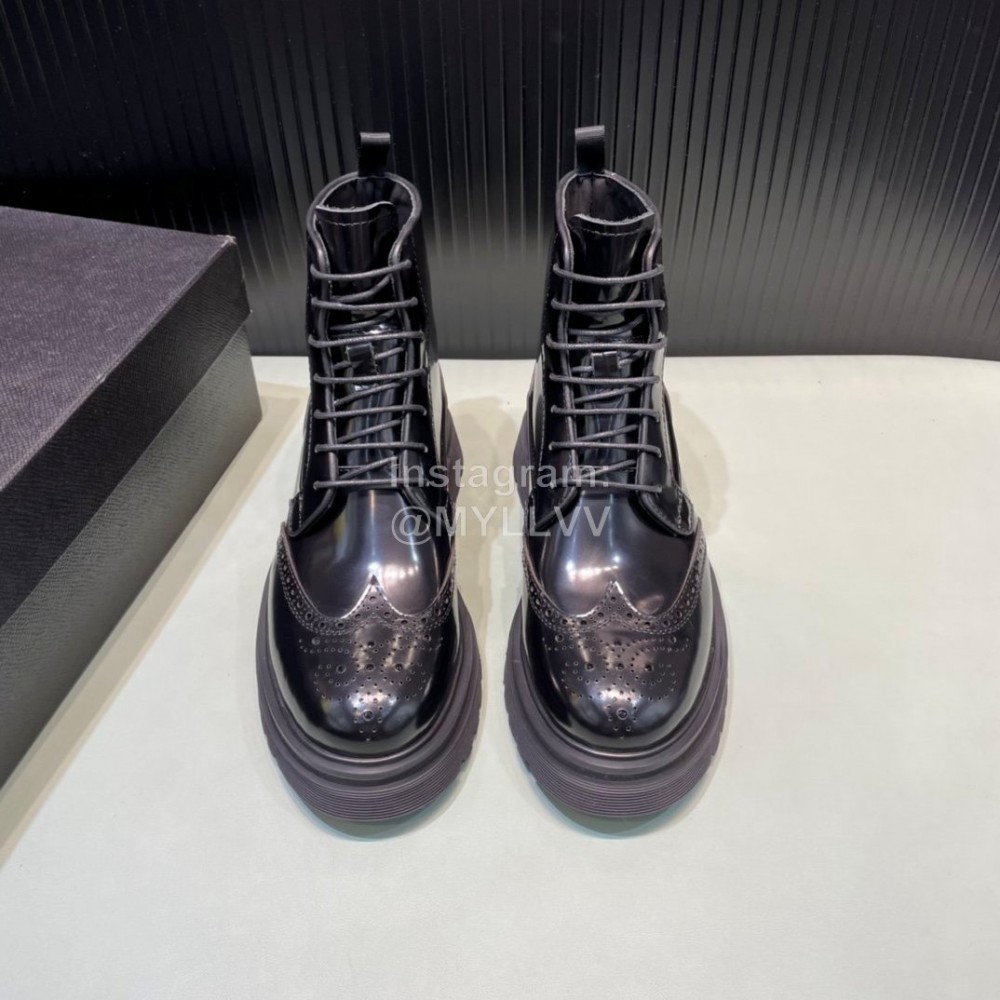 Prada Calf Leather Canvas Lace Up High Top Shoes For Men Black