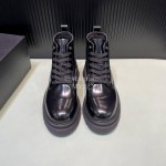 Prada Black Calf Leather Canvas Lace Up High Top Shoes For Men 