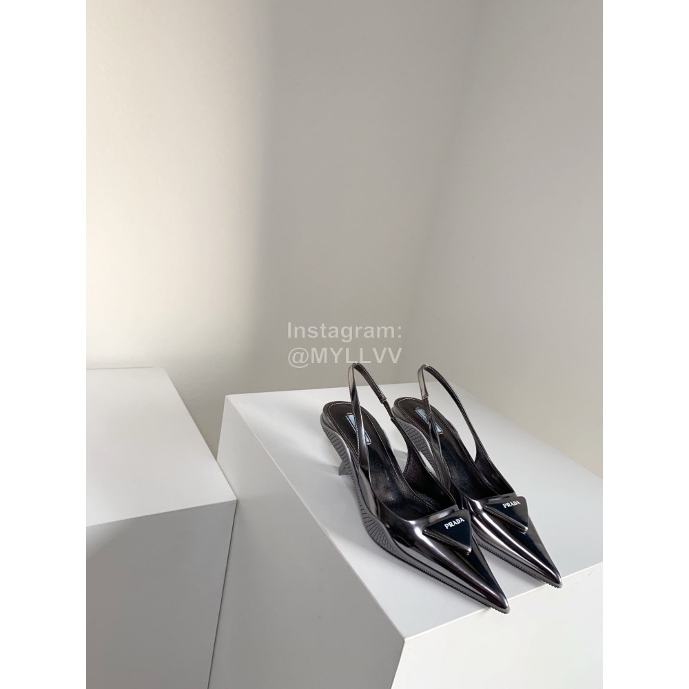Prada Spring Summer New Leather Pointed High Heel Sandals Silver