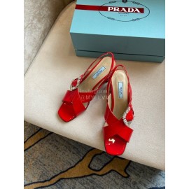 Prada Spring Fashion Patent Leather High Heel Sandals For Women Red