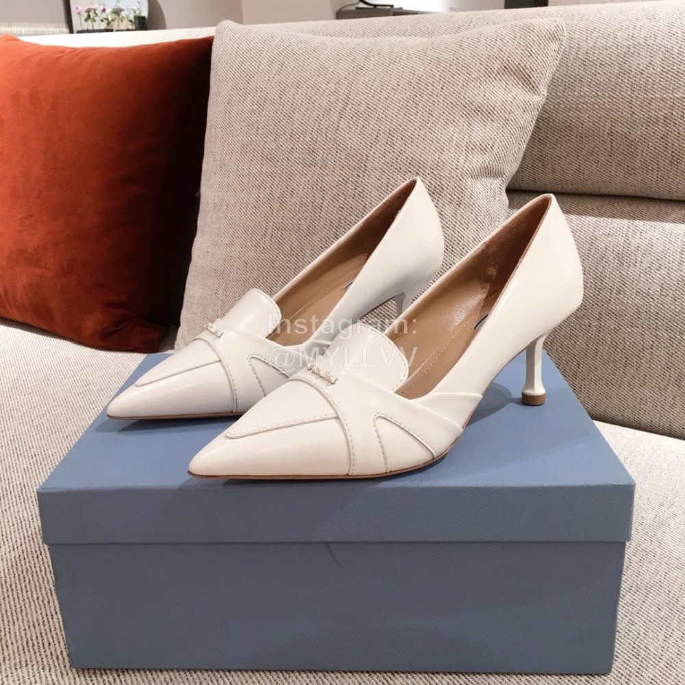 Prada Autumn Winter New Leather Pointed High Heels For Women White