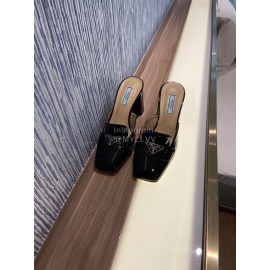 Prada Fashion Patent Leather High Heel Sandals For Women Black