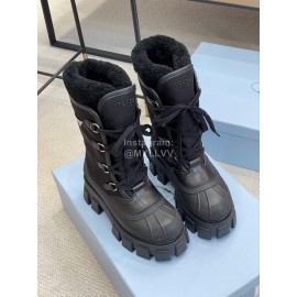 Prada Winter New Leather Thick Soles Boots Black For Women 