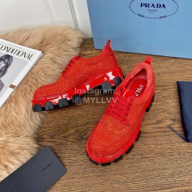 Prada Fashion Blingbling Lace Up Sheepskin Shoes For Women Red
