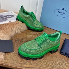 Prada Fashion Blingbling Lace Up Sheepskin Shoes For Women Green