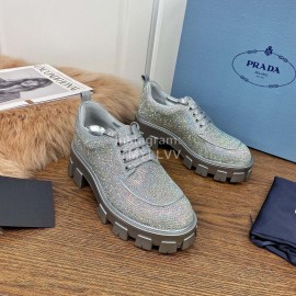 Prada Fashion Blingbling Lace Up Sheepskin Shoes For Women Silver