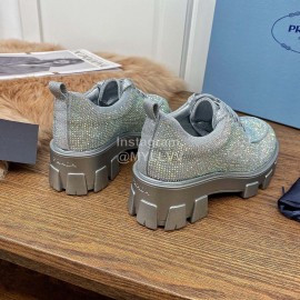 Prada Fashion Blingbling Lace Up Sheepskin Shoes For Women Silver