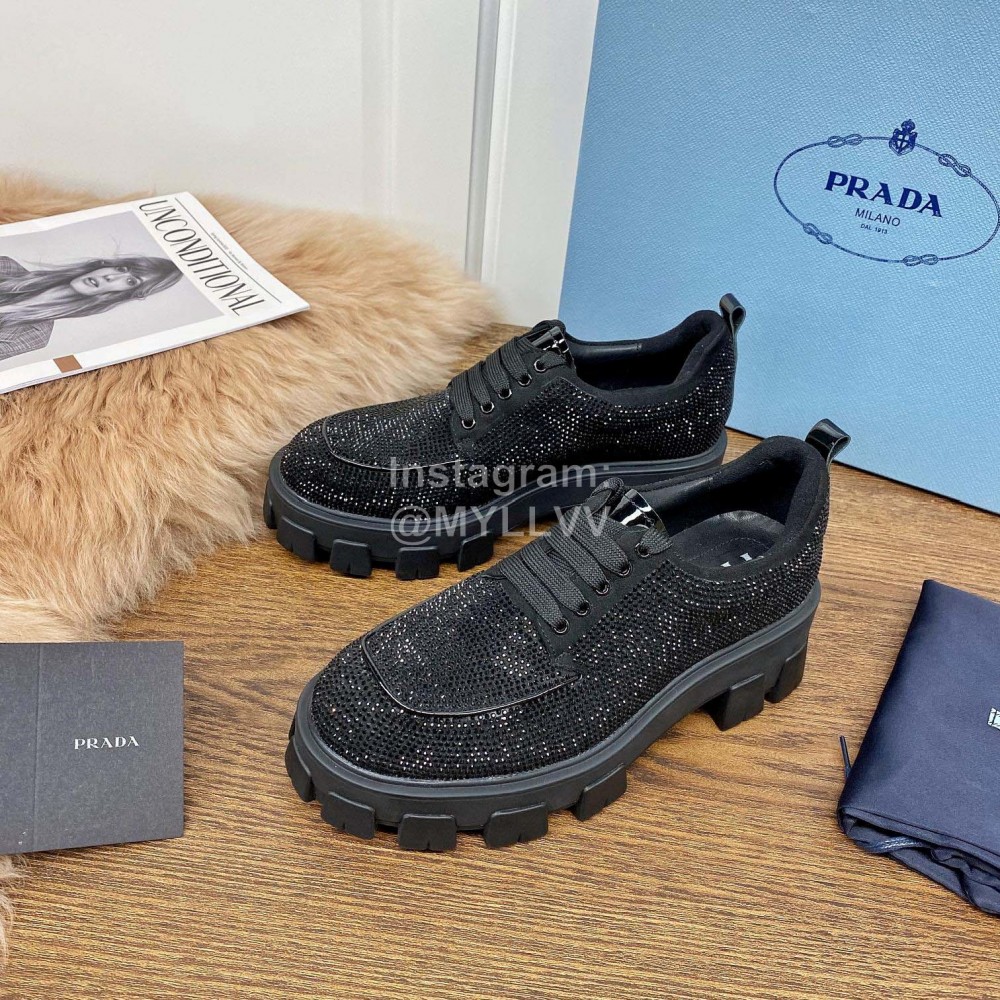 Prada Fashion Blingbling Lace Up Sheepskin Shoes For Women Black