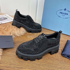 Prada Fashion Blingbling Lace Up Sheepskin Shoes For Women Black