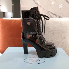 Prada Autumn Winter Black Patent Leather Thick Soles High Heel Boots For Women 