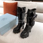 Prada Autumn Winter Patent Leather Thick Soles High Heel Boots For Women Black