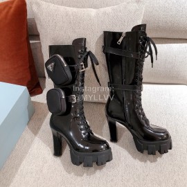 Prada Autumn Winter Patent Leather Thick Soles High Heel Boots For Women Black