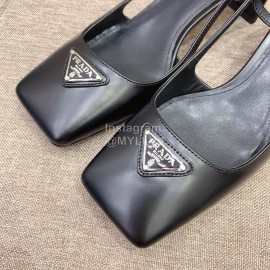 Prada Fashion Square Head Cowhide High Heel Sandals For Women Black