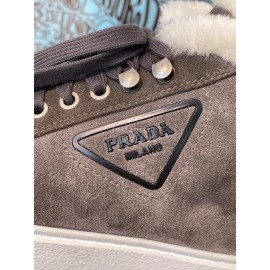 Prada Autumn And Winter Thick Soled Wool Sneakers Coffee