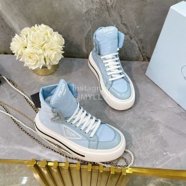 Prada Fashion Thick Soled Lace Up High Top Shoes For Women Blue