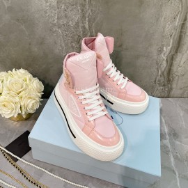 Prada Fashion Thick Soled Lace Up High Top Shoes For Women Pink