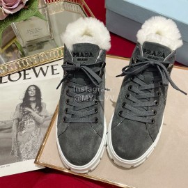 Prada Cow Suede Wool Thick Soled High Top Sneakers For Women Gray