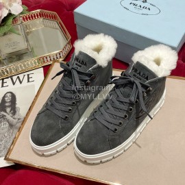 Prada Cow Suede Wool Thick Soled High Top Sneakers For Women Gray