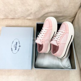 Prada Nylon Cloth Cowhide Thick Soled Sneakers For Women Pink