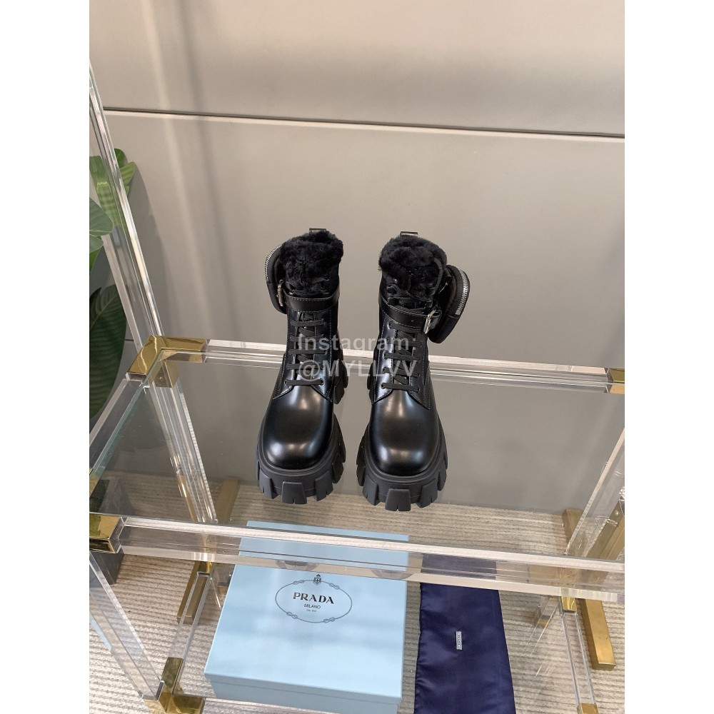 Prada New Leather Wool Thick Bottom Bag Boots For Women Black