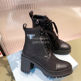 Prada New Cowhide Lace Up Thick High Heeled Short Boots For Women Black