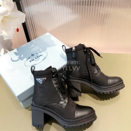 Prada New Cowhide Lace Up Thick High Heeled Short Boots For Women Black