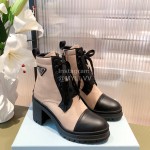 Prada New Cowhide Lace Up Thick High Heeled Short Boots For Women