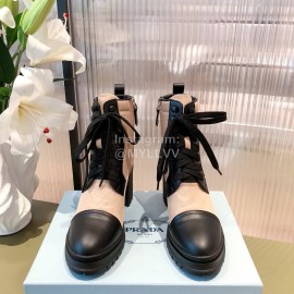 Prada New Cowhide Lace Up Thick High Heeled Short Boots For Women