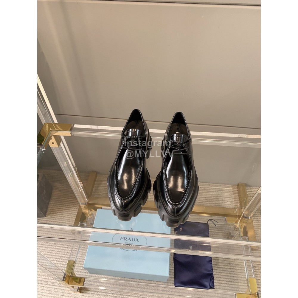 Prada New Cowhide Lace Up Thick Bottom Loafers For Women 