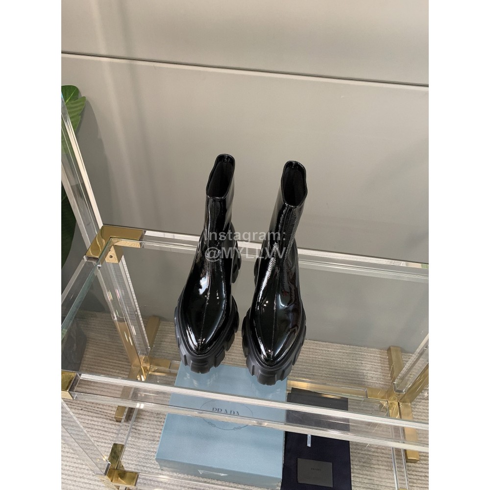 Prada New Patent Leather Thick High Heeled Short Boots For Women Black