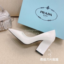 Prada New Cowhide Pointed Thick High Heels For Women White