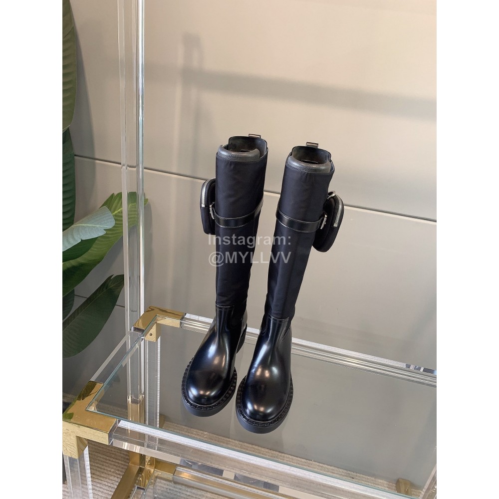 Prada New Black Leather Thick Bottom With Nylon Bag Long Boots For Women 
