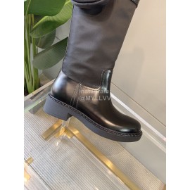 Prada New Black Leather Thick Bottom With Nylon Bag Long Boots For Women 