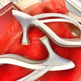 Rene Caovilla New Blingbling Diamond Silk High Heel Flip Flops For Women White