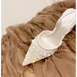 Rene Caovilla Crystal Lace Sheepskin High Heel Sandals For Women White